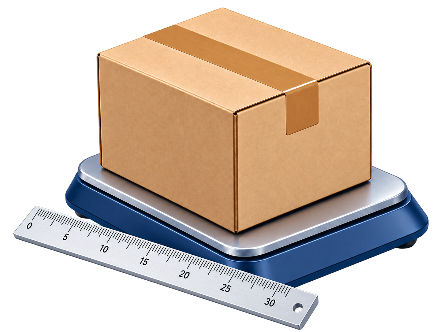 Packed parcel on digital scales with a tape measure